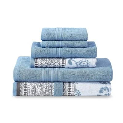 Bild av Moderna trådar 6 delat set, 2 badhanddukar, handdukar, tvättlappar garn färgad Jacquard/solid handduks set Ophelia blå