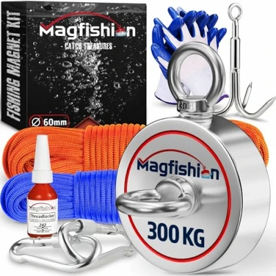 Bild av MAGFISHION Dubbel Magnetfiske Set Dragkraft 300KG (2x 150kg) Ø60mm Neodym Magnet Med 2 Rep, Grappelkrok &amp; Handskar Ögonmagnet Fiskemagneter