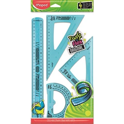 Bild av Maped flexibel teckenuppsättning TWIST&#039;n FLEX, 4 delar: 1 x linjal 30 cm, st. teckentriangel 60, 45, vinkelkniv blå, grön, rosa