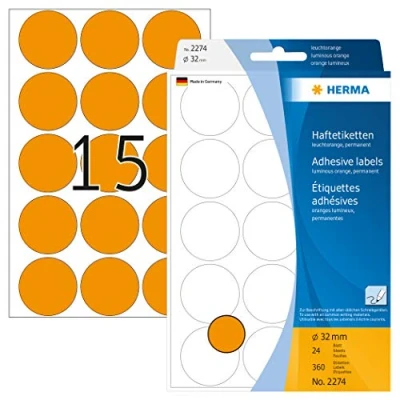 Bild av HERMA 2274 multifunktionsetiketter/runda färgade prickar (Ø 32 mm, 24 ark, papper, matt) självhäftande, permanenta märkningspunkter för handskriven märkning, 360 klistermärken, ljusorange