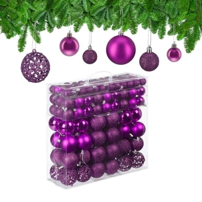 Bild av Relaxdays Julgranskulor 150 julgranskulor, matt juldekoration, med glitter, glimrande 3, 4 och 6 cm Ø, fuchsia, 7 x