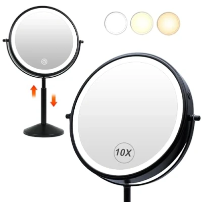 Bild av TUSHENGTU 23 cm (9 tum) justerbar sminkspegel med ljus, svart 10x förstoringsspegel, för skrivbord, LED uppladdningsbar (940B10X)