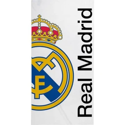 Bild av Real Madrid handduk Officiell med exklusiv design, sköld och klubbfärger, perfekt för strand, pool, bad eller sport, praktiskt tillbehör fotbollsfans