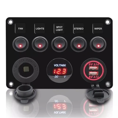 Bild av CT CARID 12 V/24 V vippströmbrytarpanel, dubbel USB laddningsport 4,2 A, tändaruttag, digital voltmeter skärm, IP65 vattentät, vippströmbrytare för båt, bil, husbil, fordon, röd