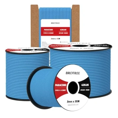 Bild av Brotree 3mm Paracord 425 30M 100% Nylonrep 3 Trådar Sladd Typ II för Utomhus, Hundkoppel, DIY, Hantverk 192kg Brottlast (Himmelsblå)