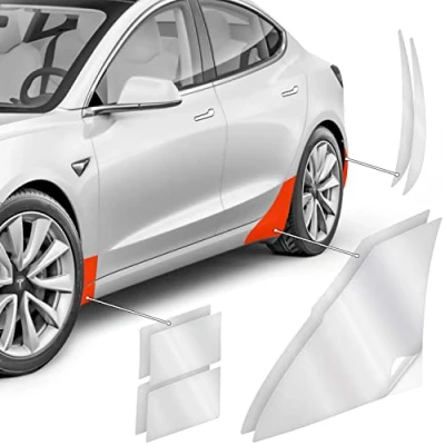 Bild av Luxshield hjulbågsskydd monterade för Tesla Model 3 I 2017 2024 Fordonets lackskyddsfilmset mot stenskott Transparent glansig och självhäftande
