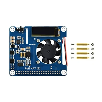 Bild av Waveshare Power Over Ethernet HAT for Raspberry Pi 3B+/4B, 802.3af Compliant with OLED real time monitoring temperature, IP, and fan status