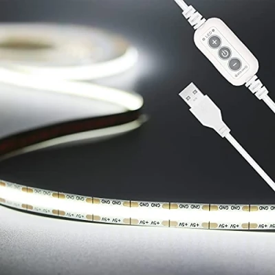 Bild av PAUTIX USB 5 V LED remsa vit 6000 K, 2 m/640 lysdioder dimbara COB lampor CRI90+, flexibla ljusremsor för TV bakgrundsbelysning, spegel, skåp, garderob, hem gör det själv belysning