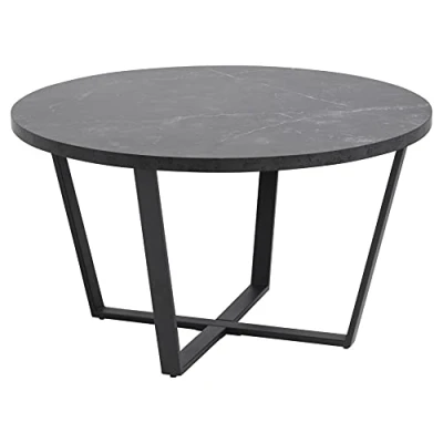 Bild av AC design möbler aluminium runt trä soffbord bordsskiva brun marmorlook med korsade svarta metallben, litet soffbord, vardagsrum sidobord, minimalistiska vardagsrumsmöbler
