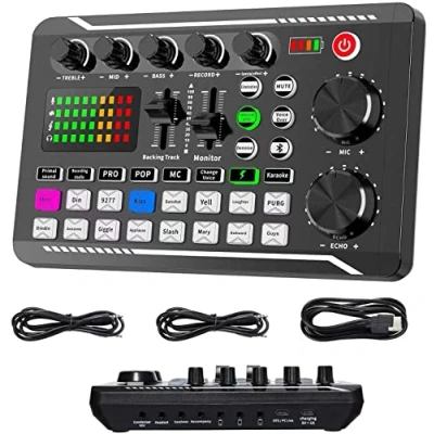 Bild av Live ljudkort och ljudgränssnitt med DJ mixereffekter röstväxlare, F988 Bluetooth stereoljudmixer, för Youtube streaming live, PC, inspelningsstudio gaming