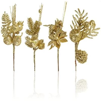 Bild av COM FOUR® 4x dekorativa arrangemang, kvistar som stora juldekorationer, vackra rumsdekorationer, även för kransar och blomsterarrangemang (guldfärgad medium)