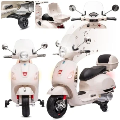 Bild av Barns ridebil, Vespa scooter med batteri och väska, vit, Sun Babya