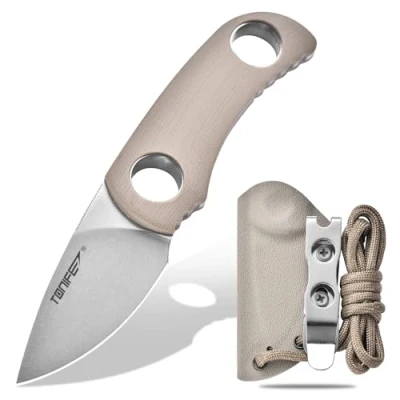 Bild av TONIFE Runer Fixed Blade Knife med justerbar Paracord Lanyard och Kydex Sheath, EDC kniv 4,7cm Full Tang för utomhus camping vandring (Varmare Sand + Stonewash)