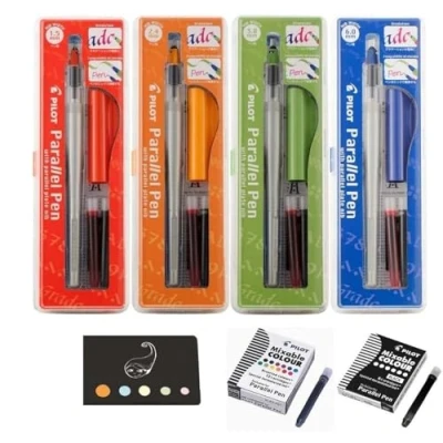Bild av Pilot Parallellpenna uppsättning med 4 stift: 1,5 mm + 2,4 3,8 6,0 12 bläckpatroner 6 svarta patroner 1 linjal/träbokmärken