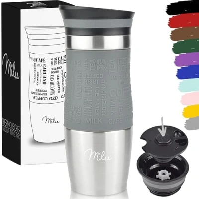 Bild av Milu termomugg 370ml 450ml isolerad mugg kaffe to go 100% läckagesäker dricksmugg av rostfritt stål bilmugg dubbelväggig isolering resemugg (Grå, 370ml)