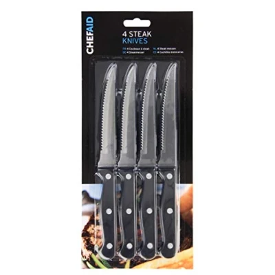 Bild av Chef Aid Steakknivset, rostfritt stål, tandad, uppsättning av 4, robust, multifunktionell kökskniv med bekvämt grepp, ergonomisk, halkfri, rostfri, vass matkniv, silver, svart