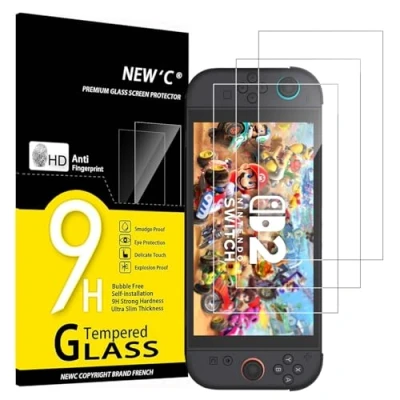 Bild av NEW&#039;C 3 Pack, skärmskydd i glas för Nintendo Switch 2, repfri, anti fingeravtryck, bubbelfri, 9H hårdhet, 0,33 mm ultraklent, ultrabeständigt härdat