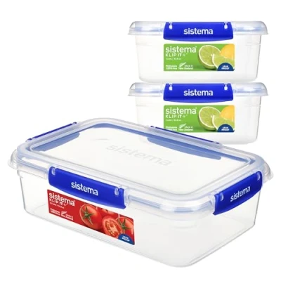 Bild av Sistema KLIP IT PLUS läckagesäker matförvaringsbehållare 2 x 1 L &amp; 2,2 Lufttäta, stapelbara och matlådor med lock skollunchlådor BPA fri 3 stycken