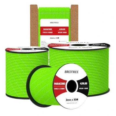 Bild av Brotree 3mm Paracord 425 30M 100% Nylonrep 3 Trådar Sladd Typ II för Utomhus, Hundkoppel, DIY, Hantverk 192kg Brottlast (Reflekterande Neongrön)