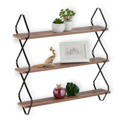 Bild av Relaxdays Vägghylla, H x B D: 60 15 cm, svävande hylla med 3 hyllor, MDF och järn, hängande för vardagsrum, vit/guld