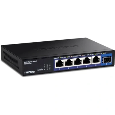 Bild av TRENDnet 6 portars ohanterad 2,5 G omkopplare med 10 SFP+ port, TEG S5061, 5 x GBASE T portar, 45 Gbps omkopplingskapacitet, fläktfri, väggmonterbar, svart