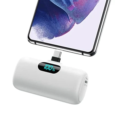 Bild av Feob Mini Power Bank, 5 000 mAh USB C bärbar laddare 15 W PD snabbladdning kompakt externt batteri Powerbank med LCD skärm kompatibel iPhone 15/15 Pro Samsung telefoner etc vit