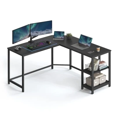 Bild av VASAGLE Datorskrivbord, L format hörnskrivbord, spelskrivbord, arbetsstation med 2 förvaringshyllor för hemmakontor, platsbesparande, lätt att montera, svart träådring, LWD072B56, 138 x 76