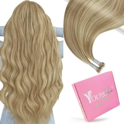Bild av YoungSee nanoring Extensions blond, 35 cm (14 tum), förlängningar, äkta hår, askblont med blont, nano naturligt nanoring, hårförlängningar, 50 g