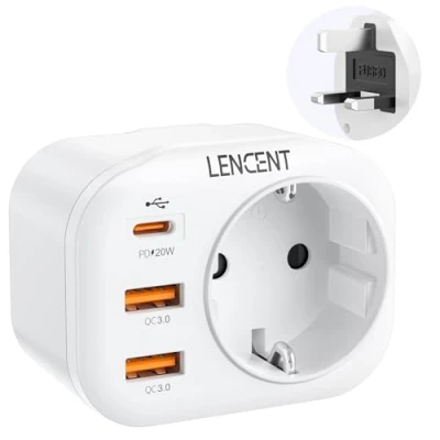 Bild av LENCENT Reseadapter Sverige/EU till UK Adapter, Typ G Travel Adapter Snabb Laddning Plug med 2 USB QC3.0 + 1 C PD, Socket Strömadapter för Irland, England, Skottland, Dubai, Malta, Vit