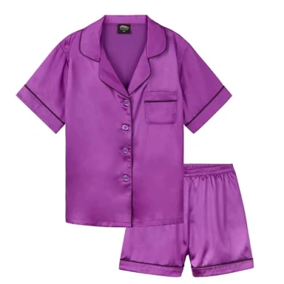 Bild av CityComfort Pyjamasset för flickor, kort, satin, knappslå, 2 delat set, presenter, Lila, 11 12 År