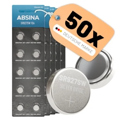 Bild av ABSINA SR 927 SW klockor knappcell 1,55 V silveroxid 5 x 10 pack klockbatteri 395/399/AG7/LR927 SR927SW läckagesäker och lång hållbarhet
