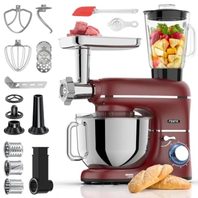 Bild av Fentic 6 in 1 Matberedare 2000W med Köttkvarn, 1,5L Blender,Grönsaksskärare och Extra Tillbehör Köksmaskin Mixerskål 6.2L, Omrörarkrok, Degkrok, Visp Stänkskydd (Röd)