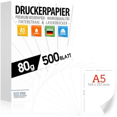 Bild av Skrivarpapper 80 g vitt DIN A5 500 ark premiumpapper rent kopieringspapper, laserskrivare och bläckstråle för universitet, fotografi, presentationer, perfekt kontor