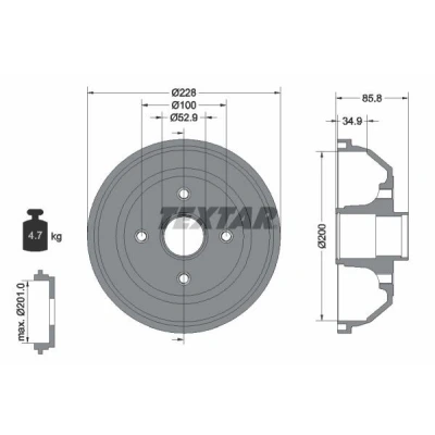 Bild av TEXTAR 94024100 Tambours de Frein sans roulement roue, boulon fix avec moyeu roue 228 OPEL: Corsa C 3/5 portes