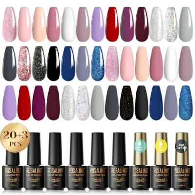 Bild av ROSALIND halvpermanent nagellack, 23 st mini rosa naken vit svart blå glitter soak off UV för nybörjare nagelkonst gör det själv