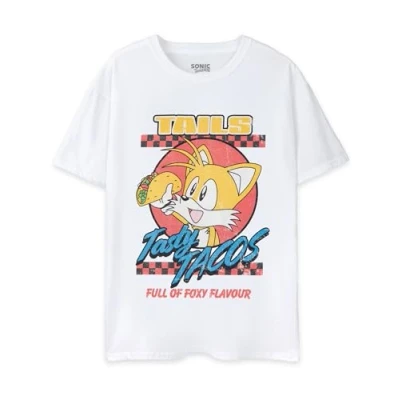 Bild av Sonic Igelkott T shirt för män Vit Kortärmad med tryck vuxna Tails Tasty Tacos Retro Top Distressed Vintage Gamer Klassisk spelklädespresent till honom