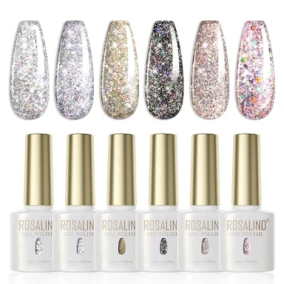 Bild av ROSALIND UV nagellack Glitter Paint, 6 färger Reflechissant Sparkling Shellac Grey Black Nail Polish Soak Gel Sparkly Shiny French Manicure
