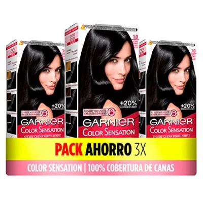 Bild av Garnier färgsensation 3 pack: levande och hållbar färg, full täckning av grått hår, enkel applicering med skål pensel, mjukt silkeslent 1,0 ultraklart svart