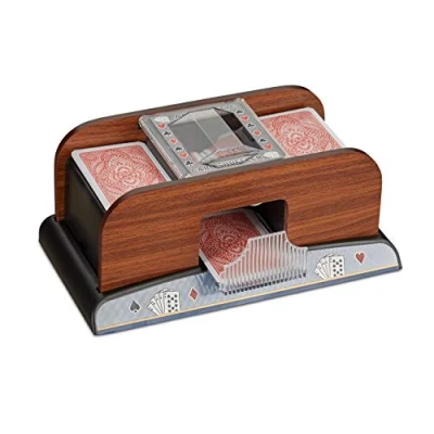 Bild av Relaxdays Automatisk kortblandare, 2 uppsättningar batteridrivna rummypokerkort, träeffekt, naturlig, för 8,8 x 6,3 cm