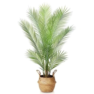 Bild av Kazeila Stora konstgjorda växter i kruka 110 cm konstgjort palmträd med vävd sjögräs magkorg falska falsk växt inomhus Areca för heminredning (1 pack)