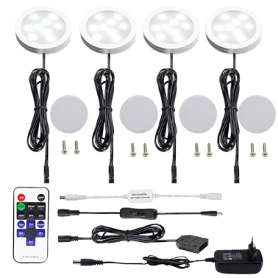 Bild av AIBOO LED skåplampor, 4 delat komplett set, basbelysning med fjärrkontroll, kökslampor, vitrinbelysning dag vit 6000 K, basbelysning, set inklusive alla tillbehör