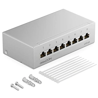 Bild av deleyCON CAT 6a Patchpanel 8 Portar 1U Bords och Väggmontering Skärmad 8x RJ45 Uttag LAN Nätverksinstallationskabel TIA568A TIA568B RAL 7035 Ljusgrå