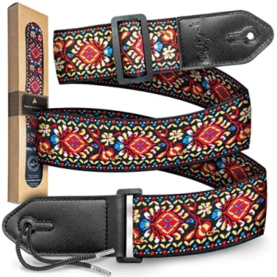 Bild av Belfort® Gitarrrem I gitarr rem för elgitarr, akustisk gitarr, västerländsk e bas och ukulele gitarrband barn vuxna bälte med mikrofiber läder + bok, Vintage