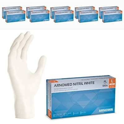 Bild av ARNOMED engångshandskar vit, nitrilhandskar L, 1000 st/låda, puderfria &amp; latexfria, engångshandskar, handskar finns i storlekarna XS, S, M, L XL.