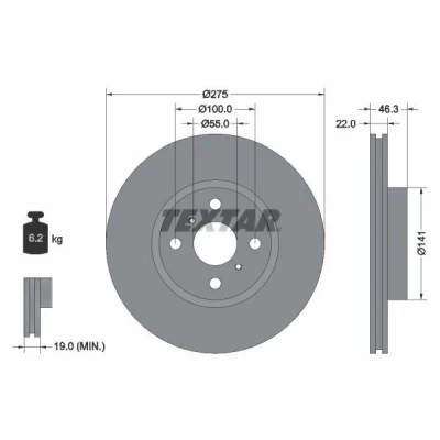 Bild av TEXTAR 92156200 Disque de frein 275 22 04/06 100 ventilé l&#039;intérieur sans boulon fix roue, moyeu roue TOYOTA: Yaris III 3/5 portes