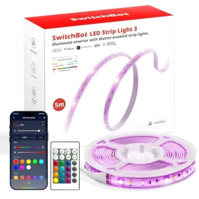 Bild av SwitchBot Matter LED Strip Light 5M, 72LEDs/m RGBCCT Lights med APP kontrollfjärrkontroll, fungerar Apple Home, Alexa, Google musiksynkroniserade färgskiftande lampor för sovrum