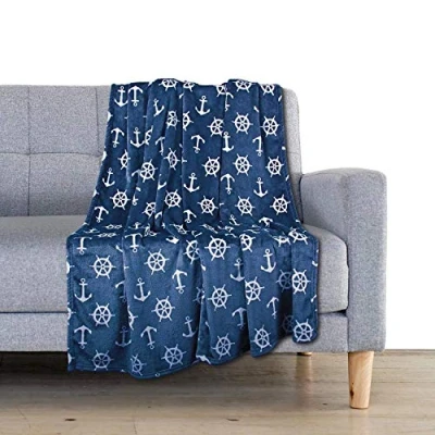 Bild av Delindo Lifestyle Gosig filt, nautisk blå, mikrofiberfleecefilt i 150 x 200 cm, fluffig mjuk maritim levande filt för vuxna och barn