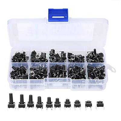 Bild av 200st Taktil tryckknappsbrytare, 6x6mm Micro Momentary Tact Switch knappsortiment Kit Flick Interrupter Kits (Black) Omfattande verktygsuppsättning