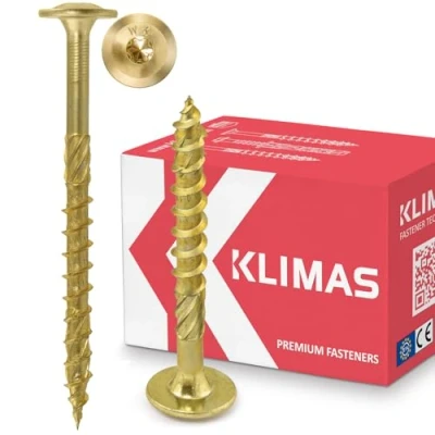 Bild av KLIMAS Torx träskruvar tallrikshuvudsskruvar TX gula skruvar platta huvudskruvar trä tallrikshuvud set takkonstruktion 6 x 50 mm 100 stycken