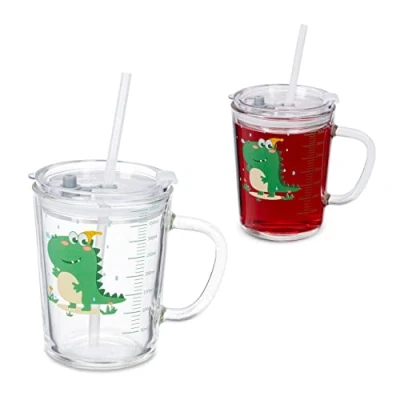 Bild av Relaxdays Barnglas set om 2, dino motiv, dricksglas barn, med handtag, lock och sugrör, 400 ml skala, transparent